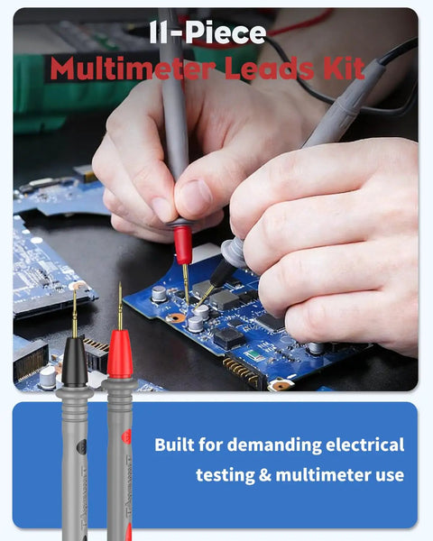 Person using 11 Piece Multimeter Leads Kit With Back Probes And Dual Ended Alligator Clips Crocodile Clips For Electrical Testing And Automotive Diagnostics Best For DIY Electronics And Troubleshooting on a circuit board.