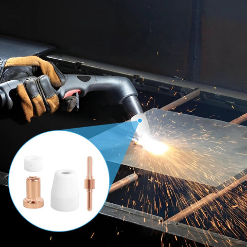 Plasma Cutter Tips PT-31 200 Pack Fits CUT-45 CUT-50 CT-312 MIG205MP With Torch JG-40 LG-40 shown in use cutting metal