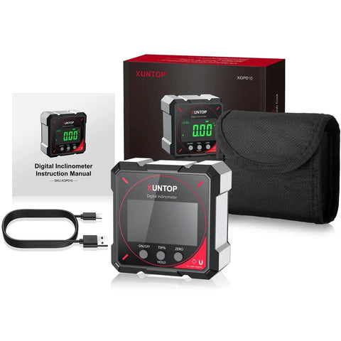 Precision Digital Angle Finder With Four Side Strong Magnet And Quick Zero Function For Dead On Accuracy In Carpentry Metalwork And Hardcore Weekend Warrior Shop Projects, USB cable, and manual.