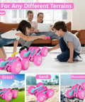 Kids playing indoors with the Pink Remote Control Car For Girls That Flips 360 Degrees, showcasing versatility on different terrains.