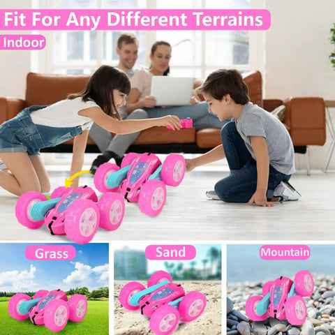Kids playing indoors with the Pink Remote Control Car For Girls That Flips 360 Degrees, showcasing versatility on different terrains.