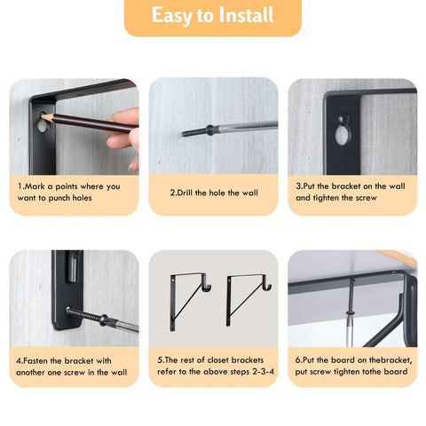 10 Pack Heavy Duty Closet Rod Bracket Set Black Wall Mounted Shelf Brackets With Rod Holders 10.8 X 10.8 Inch Durable Iron Construction Easy Install Built To Last Home Organization Essentials showing wall mount installation steps