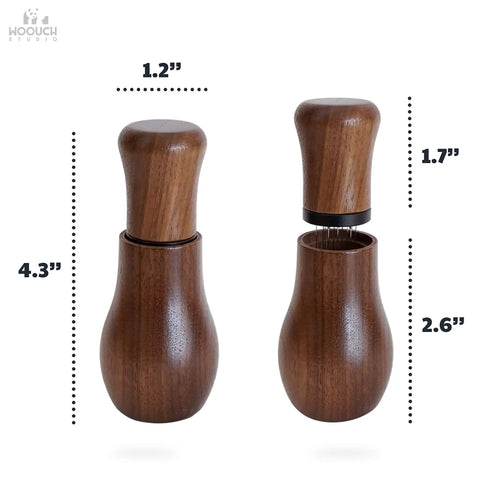Espresso Distribution Tool With 10 Needles 0.35mm Stainless Steel Natural Ash Wood Handle dimensions view