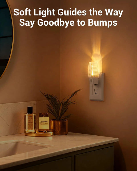 Plug In Night Light With Switch For Kids And Nursery Rooms Four Pack emitting warm glow in bathroom with countertop details.