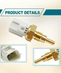 Angled side view of engine coolant temperature sensor with white connector and brass threaded body.