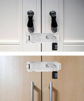 2 Pack 5 Inch 304 Stainless Steel Hasps Latch Set with Screws installed on white and wooden cabinets, code lock visible