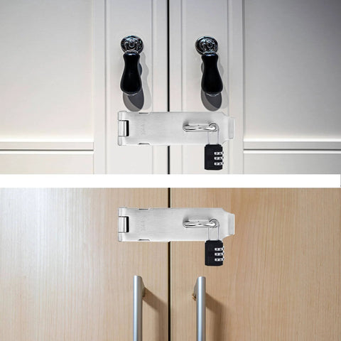 2 Pack 5 Inch 304 Stainless Steel Hasps Latch Set with Screws installed on white and wooden cabinets, code lock visible