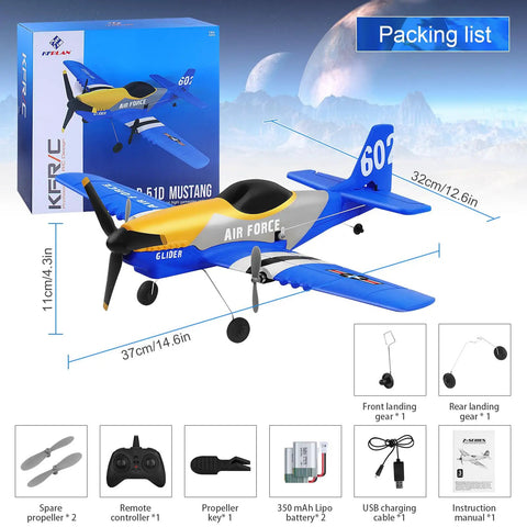 Three Channel Two Point Four GHz RC Plane With Gyro Stabilization P51D Mustang Style Fighter Aircraft packaging and parts