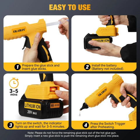 Instructions for using Cordless 100W Hot Glue Gun For 20V Max Battery, showing glue stick insertion, battery placement, and trigger use.