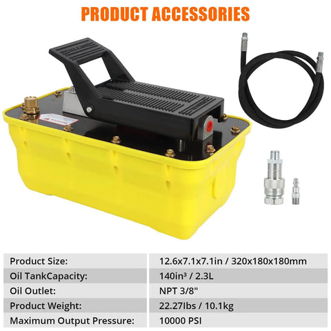 No Sweat Heavy Duty 10000 Psi Air Hydraulic Pump With 2.3L Half Gallon Tank, 3/8 Inch Outlet, 1/4 Inch Inlet, 6.6 Foot Hose, Killer Shop Press And Automotive Workhorse