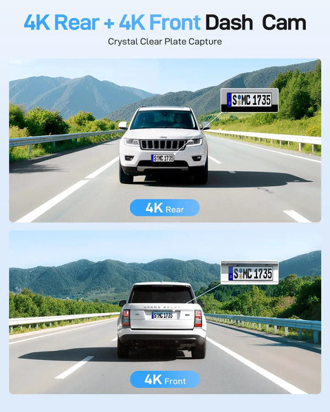 Front and rear view from A229 Ultra Dual 4K Dash Cam Front And Rear With 2 Channel 4K HDR showing clear license plate capture.