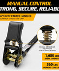 Close-up of heavy duty ratchet strap with ergonomic padded handle, 1680 lb break strength, for secure cargo hauling.