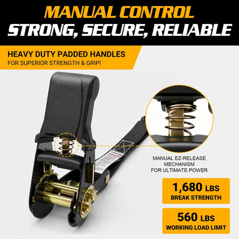 Close-up of heavy duty ratchet strap with ergonomic padded handle, 1680 lb break strength, for secure cargo hauling.