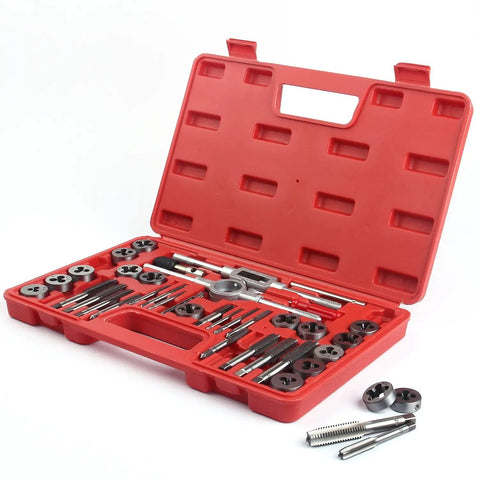 40 Piece Premium Tap And Die Set For Metalworking Do-It-All Kit With SAE Unified Threads From Number Four To One Half Inch Including UNC Coarse, UNF Fine And NPT, Complete With Handles And Essentials For Creating And Repairing Threads