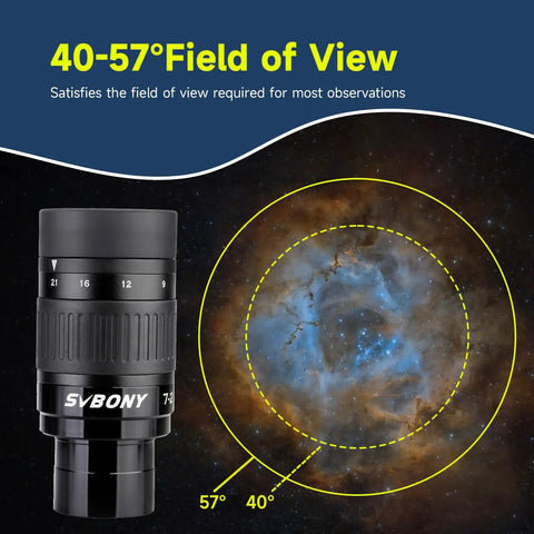 7-21mm Zoom Eyepiece For 1.25 Inch Telescopes With High Contrast Imaging, showing 40-57° field of view for astronomical observation.