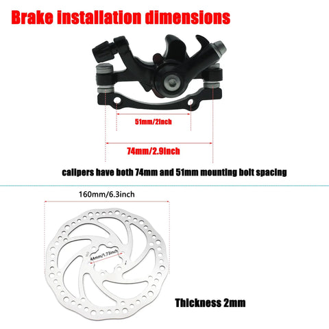 Front And Rear Disc Brake Kit With 2 X 160MM Stainless Rotors And Calipers, showing dimensions and mounting bolt spacing