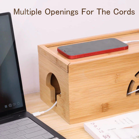 Extra Large Bamboo Cable Management Box With Lid For Cords And Power Strips Or Surge Protectors, showing multiple cord openings