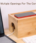 Two Piece Bamboo Cable Organizer Box Set Large And Small Hide Wires And Power Strips Under Desk Or TV Stand Cord Management Box