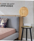 Khaki Rattan Pendant Lamp Shade With Hollow Basket Design in living room setting showcasing natural cozy ambiance