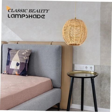 Khaki Rattan Pendant Lamp Shade With Hollow Basket Design in living room setting showcasing natural cozy ambiance