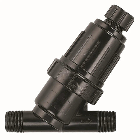 Black Three Quarter Inch MPT Drip Irrigation Y Filter With 150 Mesh Screen for debris removal and easy cleaning, side view.