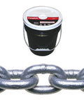 Top Shelf Hot Galvanized Proof Coil Chain, A Quarter Inch Trade Size, 141 Foot Length, Grade 30 Low Carbon Steel Link in a bucket.