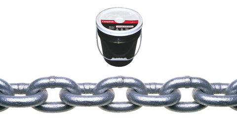 Top Shelf Hot Galvanized Proof Coil Chain, A Quarter Inch Trade Size, 141 Foot Length, Grade 30 Low Carbon Steel Link in a bucket.