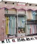 Kick-Ass Freestanding Portable Wardrobe with Zippered Doors and Heavy-Duty Frame No-Sweat Snap-Together Storage Solution for Coats Shoes Hats Roomy Bedroom Armoire Clutter Buster with hanging clothes and shoes.