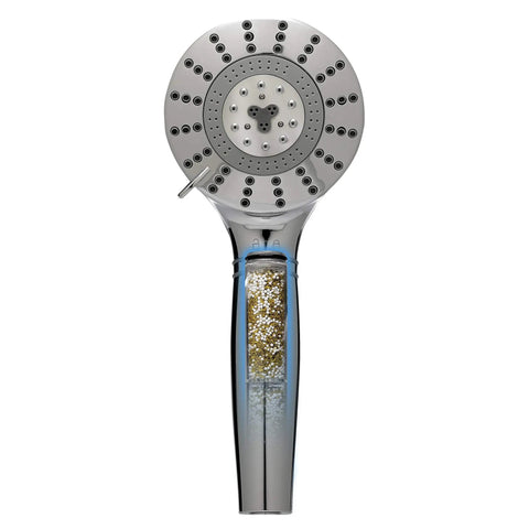 Front view of 7-Setting Shower Filter With 1.75 GPM WaterSense Certified Flow, brushed nickel finish, Chlorgon Filtration