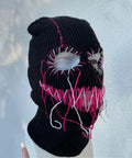Distressed Balaclava Face Mask With Halloween Spooky Style Dope, Funny Scary Knit Full Face Ski Mask on mannequin display