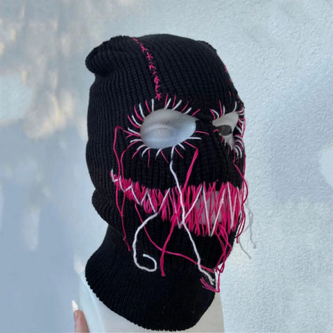 Distressed Balaclava Face Mask With Halloween Spooky Style Dope, Funny Scary Knit Full Face Ski Mask on mannequin display