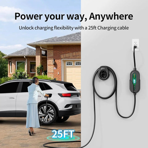 Woman using Portable Level 1 And Level 2 EV Charger With J1772 16A at home, 25 ft cable for flexible charging, car in driveway