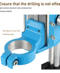 Close-up of HaloVerde Mini Drill Press Stand clamping head in blue, fits 38 to 50mm drills for stable drilling tasks.