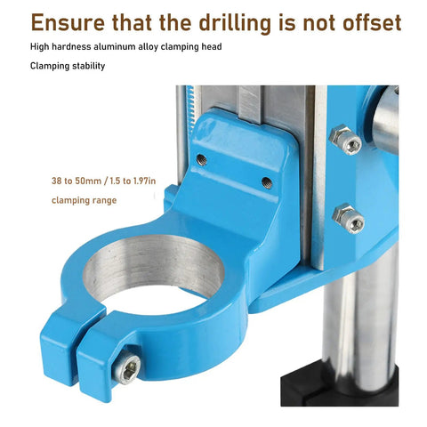 Close-up of HaloVerde Mini Drill Press Stand clamping head in blue, fits 38 to 50mm drills for stable drilling tasks.