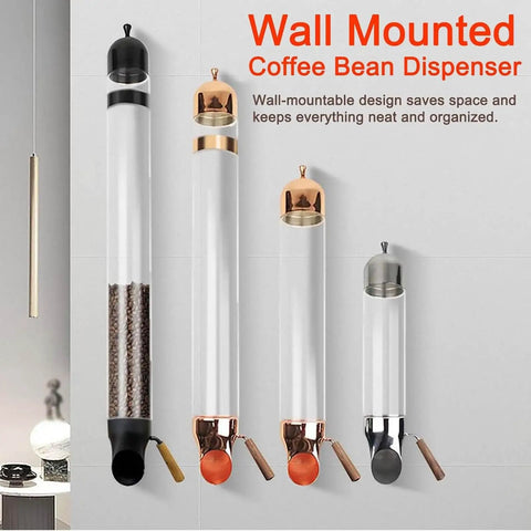 Wall Mounted Coffee Bean Dispenser With Clear Glass Tube, Two Point Seven Kg Capacity adjustable funnel, showcasing various colors.