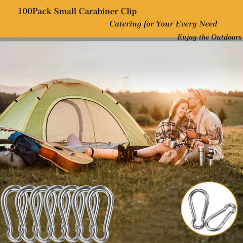 Camping scene with a couple near a tent, guitar, and Heavy Duty 4 Inch Carabiner Clip Spring Snap Hook, 2 Pack M10 Galvanized Steel shown.