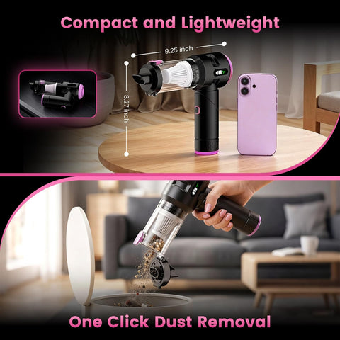 Cordless Car Vacuum Cleaner With Beast Mode 25000Pa Cyclonic Suction shown in compact, foldable design with dust removal feature.