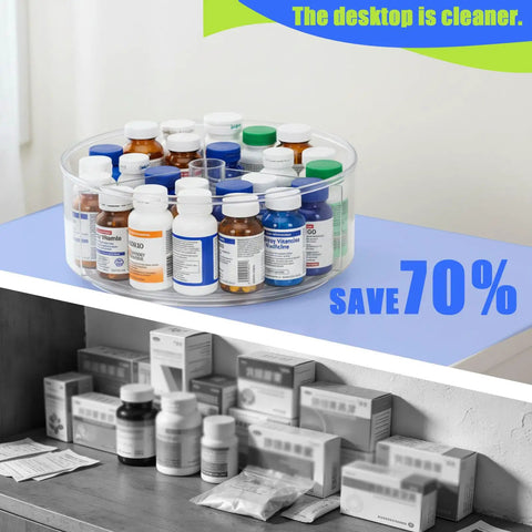 Straight Up Smooth Lazy Susan Turntable Organizer Featuring Ultra Glide Rotation And Smart Three Compartment Design For Zero Hassle Vitamin Pill Medicine Storage On Bathroom Vanities Or Kitchen Counters with assorted pill bottles.
