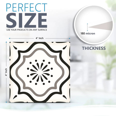 Peel And Stick Tile Stickers 24 Pack For Kitchen Backsplash And Bathroom Vinyl Wall Decals In Black And White Boho Modern Style Easy To Apply Just Peel And Stick Home Decor showing tile size and thickness.