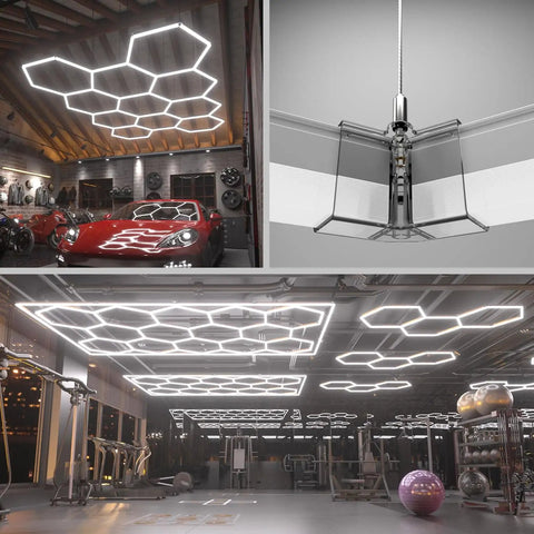 8 Pack Hexagon Garage Light Hanging Kit with Adjustable 1.0M Stainless Steel Suspension Wire Rope in garage and gym settings