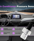 Premium Ford F Series AC Clutch Cycle Switch And Air Conditioning Pressure Sensor For F150 F250 F350 Edge Escape Expedition Explorer Fusion Focus Mustang Navigator MKC MKS MKT MKX MKZ shown in a car dashboard view highlighting functionality.