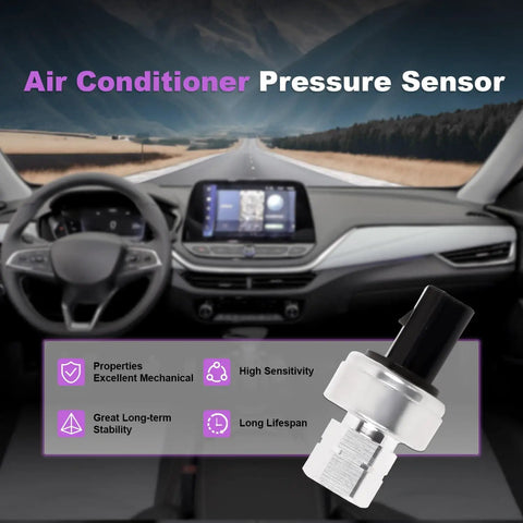Premium Ford F Series AC Clutch Cycle Switch And Air Conditioning Pressure Sensor For F150 F250 F350 Edge Escape Expedition Explorer Fusion Focus Mustang Navigator MKC MKS MKT MKX MKZ shown in a car dashboard view highlighting functionality.