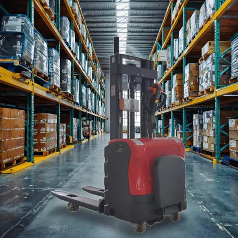 Heavy Duty Electric Pallet Stacker Forklift Powered Warehouse Lift Truck in busy warehouse aisle with stacked pallets.