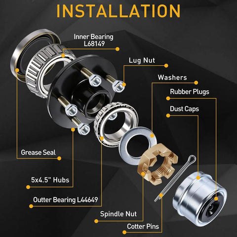 Sweet Heavy Duty 2 Pack Boat Trailer Idler Hub Kit 3500 Lbs installation diagram showcasing components like inner bearings and grease seals.