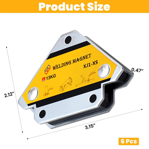 6-pack welding magnet set, 25 lb strong hold; silver metal holders with yellow label, angled view