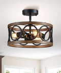 Black Drum Ceiling Light Modern Semi Flush Mount 3-Light Fixture For Bedroom Dining Room Kitchen And Hallway Farmhouse Style With Wood Grain Look