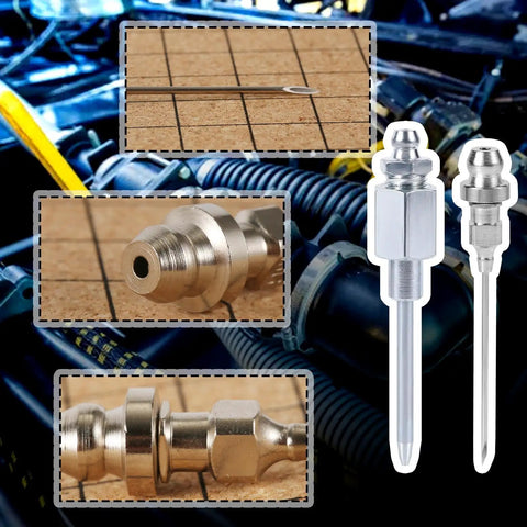 5 Piece Heavy Duty Pro Grade Grease Gun Needle Tip Kit with Hardened Steel Needles Dispenser Filling Nozzle and Fittings in detailed view