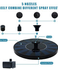 Diagram of Solar Powered Bird Bath Fountain Pump For Backyard Birds, Floating 6.3-Inch Unit With 7V 1.4W Panel, showing nozzles