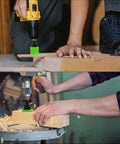 LifeIdeas Bi-Metal hole saw kit with cordless drill cutting wood; green hole saw attached to drill