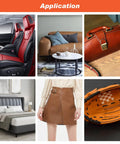 Collage showcasing Heavy Duty Leather Filler And Repair Paste 4.5 Oz used on sofas, car seats, handbags, and clothing.